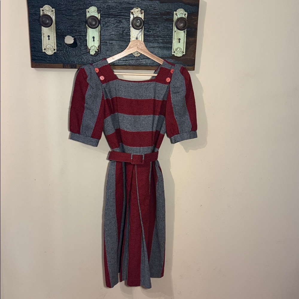 Vintage Jolibel Red and Grey Striped Pleated Dress - Picture 11 of 16